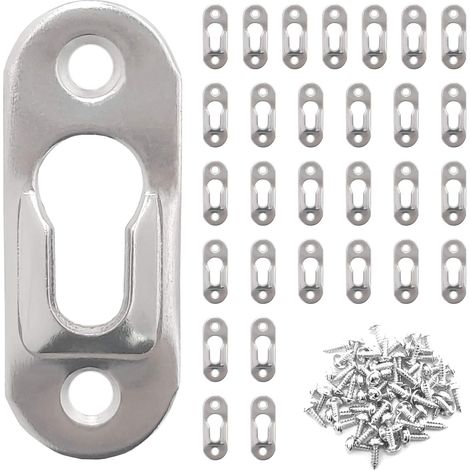 30 Stück Schlüsselloch-Aufhänger aus Metall, 42 mm x 16 mm, mit 60 Schlüssellochschrauben, Aufhängebefestigungen zum Aufhängen von Spiegeln und Bilderrahmen im Innenbereich von Wandschränken – Silber (1/5)