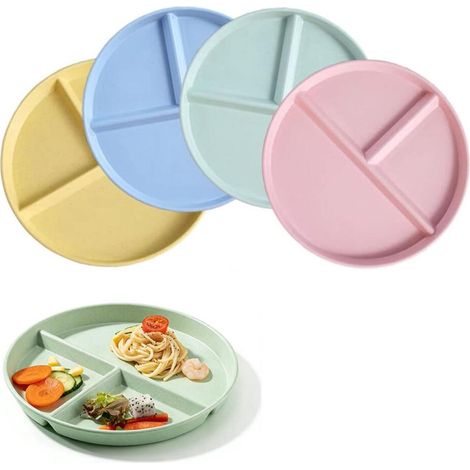 Set di stoviglie da 4 pezzi - Piatti piani - Piatti con scomparti - 22 cm - Piatti per bambini - Piatti da portata - Piatti infrangibili - Piatti a tre scomparti (1/5)