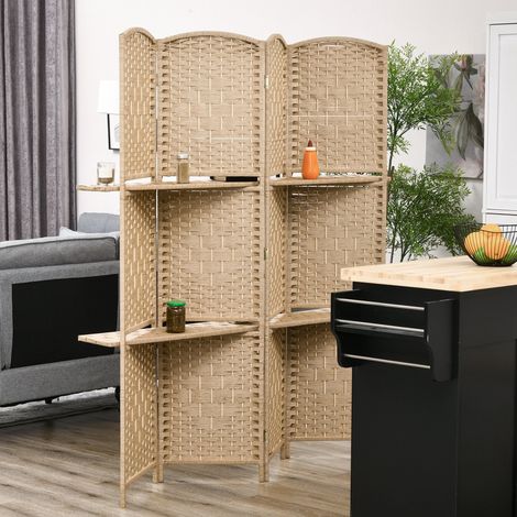 Paravento divisorio a 4 pannelli 160x170 cm con 2 ripiani espositivi, colore naturale, pieghevole, per garantire la privacy.