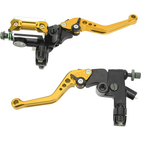 Kit de guidon universel pour moto comprenant une paire de leviers de maître-cylindre de frein de 7/8 pouce, un réservoir, des protège-mains en fibre de carbone et des finitions dorées. (1/5)