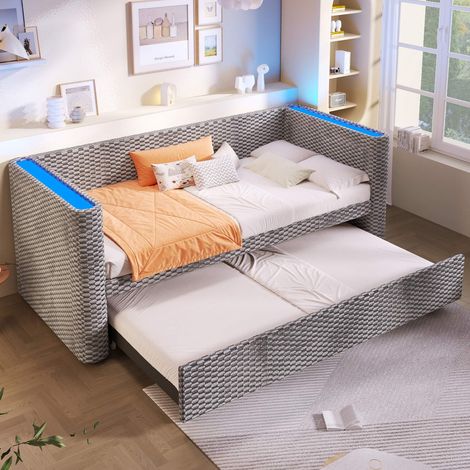 Canapé-lit gigogne 90/180x200 cm en velours gris, lit banquette avec LED multicolore contrôlée par application, sommier à lattes, sans matelas (1/5)