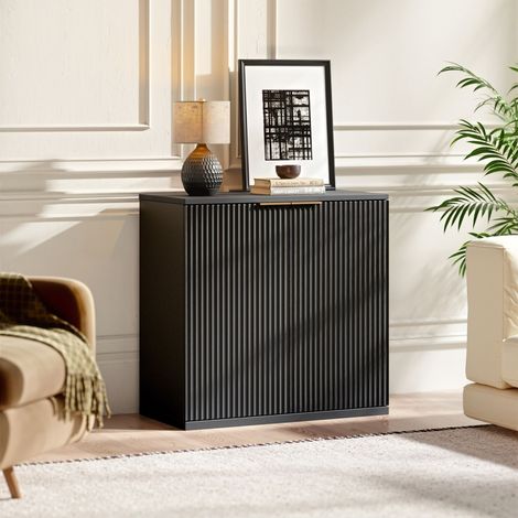 URBAN MEUBLE Buffet noir 2 portes façade texturée et détails dorés 60x30x70cm