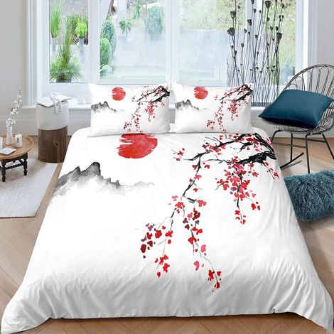 Parure de lit 2 pièces - Housse de couette 135 x 200 cm - Motif japonais fleurs de cerisier - En microfibre douce - Motif peinture à l'encre de Chine - Pour enfants, garçons, filles, adolescents (1/5)