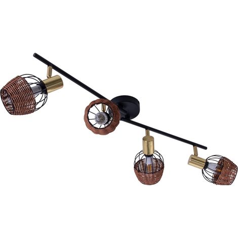 Plafonnier 4 Spots en Métal Noir et Doré avec Rotin Naturel, Luminaire E14 Longueur 78 cm - PANGIVO (1/5)