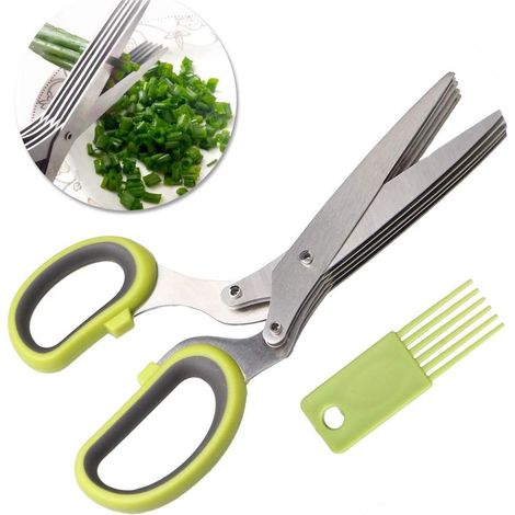 Ciseaux à Herbes, Ciseaux Coupant à 5 Lames pour Hacher Herbes Aromatiques Convénient à Ciboule Cive Oignion Ail Vanille avec Peigne de Nettoyage (1 Pack, Vert) (1/5)