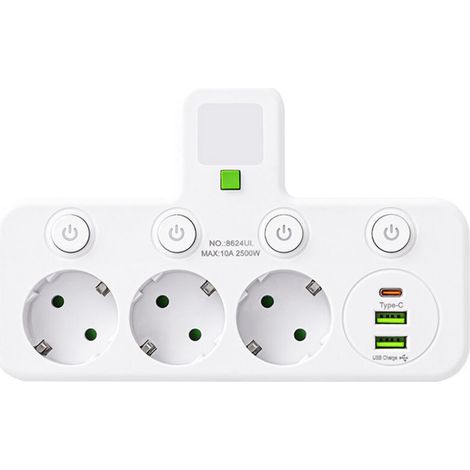 Multiprise intelligente multi-USB-C, multiprise de bureau, multiprise multifonction Type-C avec interrupteur, prise de charge rapide USB + Type-C