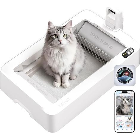 Petkit – Litière autonome pour chat – Design ouvert – Double désodorisation – Caméra IA pour surveillance santé – Bac à litière jetable