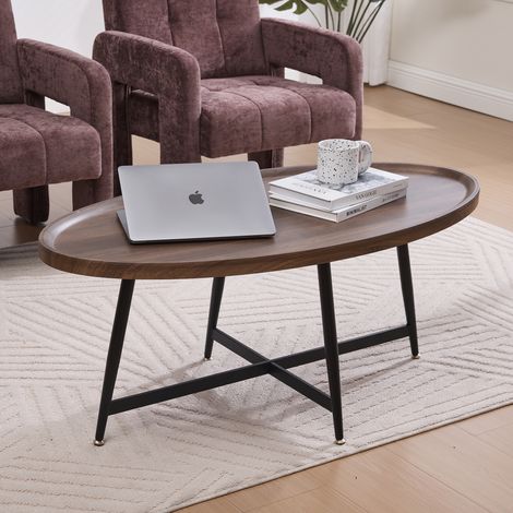 Ovaler Couchtisch mit Metallbeinen,110x55x45,5cm, Beistelltisch für Wohnzimmer, Schlafzimmer, Lounge, skandinavischer Stil, Sofatisch, Walnuss