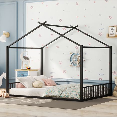 Letto per bambini in metallo nero 140x200 cm, design a casetta con 14 doghe (1/5)