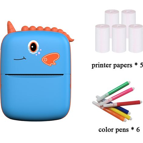 Imprimante portable miniature Petit Dinosaure bleue + 5 rouleaux de papier d'impression + stylos de couleur (1/2)