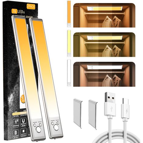 76 wiederaufladbare LEDs mit Bewegungssensor für Unterbaubeleuchtung, 2er-Pack, 1500 mAh, USB-C-Anschluss, kabellose Schrankbeleuchtung, 3 Farben, einstellbare Intensität, magnetisch (L 9,5" / 24 cm)