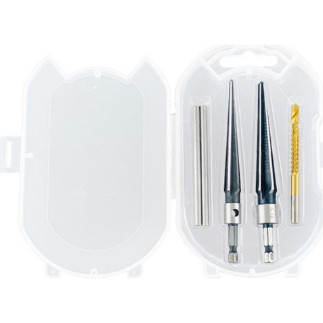 Juego de 5 escariadores cónicos manuales (3-13 mm y 5-16 mm) para orificios de clavijas de puente. Mango en T desmontable. Ideal para cortar tubos de madera, plástico y PVC en guitarras.