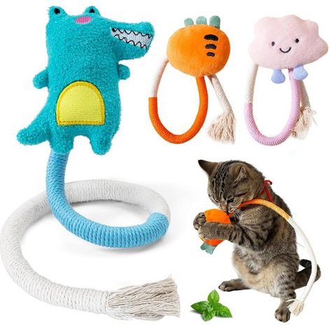 Ensemble de 3 jouets interactifs pour chat - Longueur totale : 50 cm - Peluches avec longue queue en corde - À l'herbe à chat (1/5)