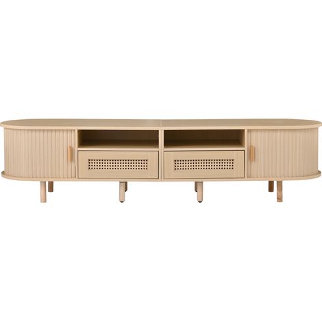 Meuble tv 170x40x40 cm bois avec tiroirs en rotin et portes coulissantes, meuble bas pour écran jusqu’à 70 pouces
