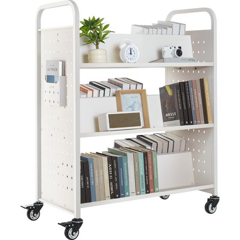 VEVOR Carrello Portalibri con Ruote 970 x 515 x 1225 mm Carrello Rotante Porta Libri, Carico 150 kg Ripiani a W Bifacciali con Ruote Bloccabili 7,6 cm per Scaffali di Casa, Ufficio e Scuola, Bianco