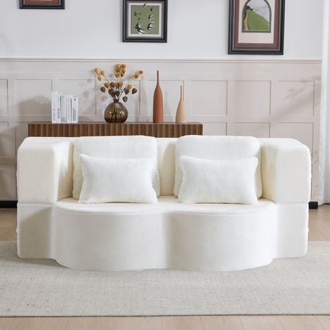 Canapé lit 3 en 1,198 x 60 x 76 cm avec 4 coussins décoratifs, matelas pliant en mousse haute densité,Mousse + Ressort,blanc (1/5)