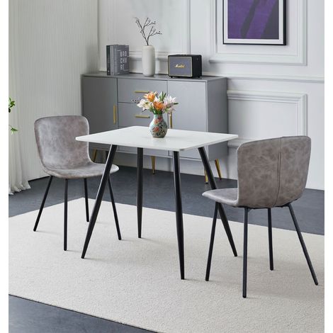 Hallowood Furniture Cullompton Small Dining Table and Chairs Set 2, (0.8m) White Marble Effect Kitchen Table and Chairs in Taupe Faux Leather Upholstery and Metal Legs, Dining Set for Home & Café (1/5)