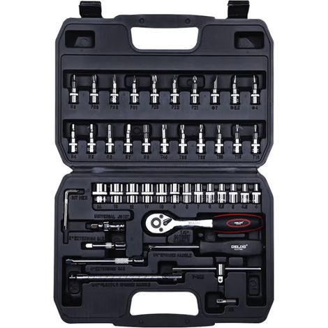 DELIXI 46-teiliger Steckschlüssel-Satz mit Ratsche – 6.3mm (1/4") Profi-Stecknüsse für Auto- & Motorradreparaturen Chrom-Vanadium Stahl Inkl. Aufbewahrungskoffer (1/5)