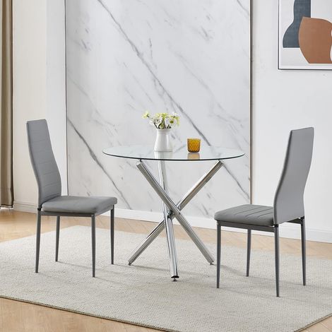 90x90 Round Table and Chairs, Round Glass Table with Chairs, Dining Table Set of 2/4 (Faux Leather, Grey, With 2 Chairs)