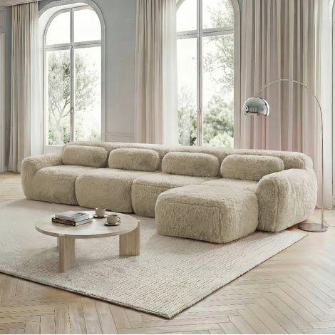 Canapé d’angle modulare 4 posti in tessuto plush light khaki, senza montaggio, configurazione a L (1/5)