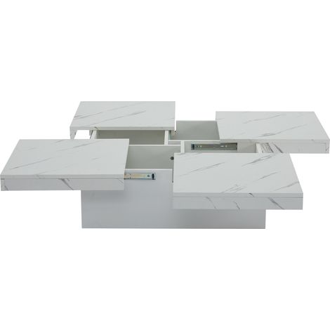 Tavolino da caffè quadrato bianco con effetto marmo 90 x 90 x 25 cm, 4 cassetti e piano scorrevole (1/5)