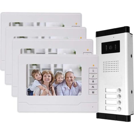 Interphone Vidéo Filaire 7 TFT-LCD avec Interphone Vidéo 4 Moniteurs Intérieurs + Caméra de Vision Nocturne IR 700TVL Haute Résolution pour Plusieurs Appartements/Familles (1/5)