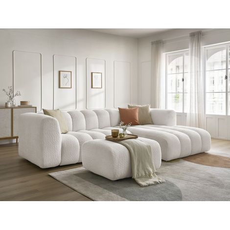 BOBOCHIC - Canapé d'angle fixe TALIA tissu bouclette avec pouf Angle droit Blanc (1/5)