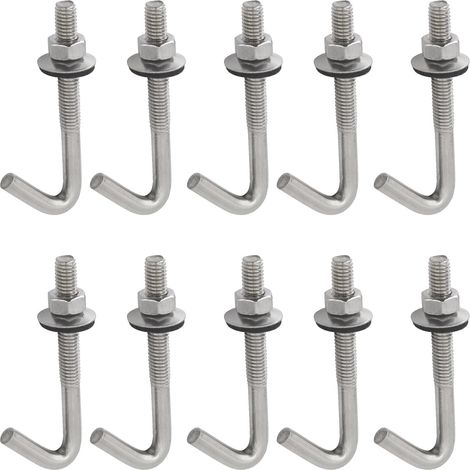 Lot de 10 boulons d'ancrage à crochet en J M6 en acier inoxydable 304 à longue tige avec écrou hexagonal et rondelle (M6 x 100 mm) (1/5)