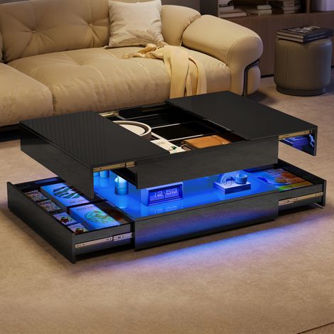 Table basse avec LED, 2 Tiroirs et Compartiments Rangement, 78x78x43cm, Table d’appoint Moderne, Noir brillant (1/5)