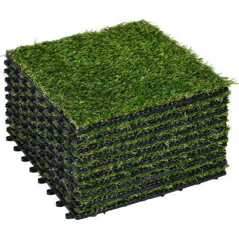 Set de 10 dalles de gazon artificiel 30x30 cm, épaisseur confort 3 cm, carreaux emboîtables vert synthétique (1/5)