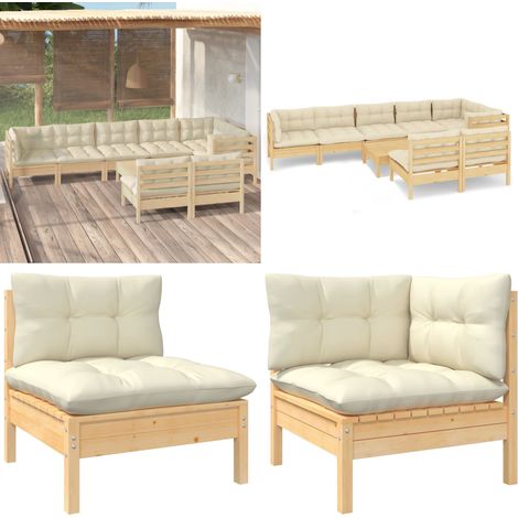 9-tlg. Garten-Lounge-Set mit Creme Kissen Massivholz Kiefer - Gartensessel - Lounge Set - Gartenmöbel - Outdoor Möbel - Holzsessel - Home & Living (1/5)
