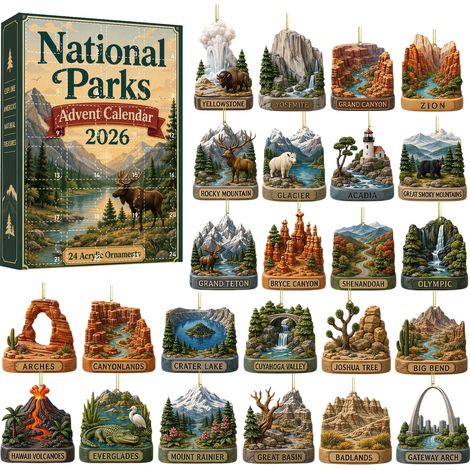Calendrier de l'Avent Parcs Nationaux 2026 - 24 décorations suspendues en acrylique 2D avec motifs de paysages et de nature - Calendrier de l'Avent de 24 jours pour décorer le sapin de Noël et cadeau (1/5)