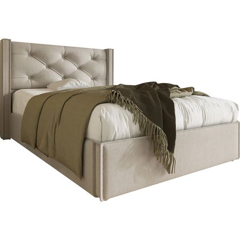 Lit capitonné hydraulique simple 90x200, lit avec sommier cadre métal, cadre moderne avec rangement, coton, gris clair, matelas non inclus, gain de place, pour chambre adulte (1/5)
