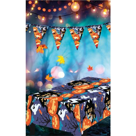Tovaglia in lamina per festa di Halloween con zucche e fantasmi, 137x274 cm (1/5)