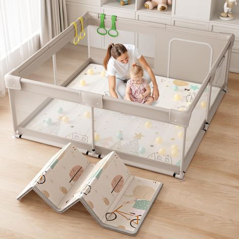 Parc Bebe 150×150cm - XXL Parc Bébé avec Tapis Tissu Oxford, Maille Respirante et Ventouses Antidérapantes, Espace de Jeu Sécurisé pour Bébé