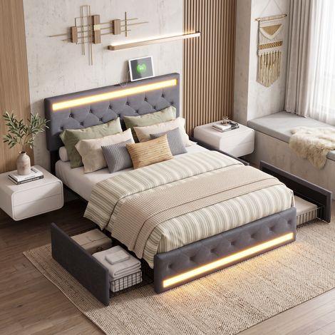 Superaly Lit Adulte 180x200 cm, Lit Double Rembourré, 4 Tiroirs de rangement, éclairage LED télécommandé, Port USB et Type-C, Tête de Lit Réglable, Sommier à Lattes, Style Moderne, Lin Gris foncé