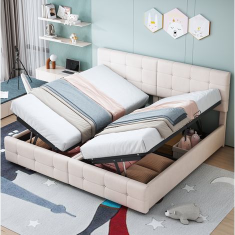 Polsterbett Samtstoff Beige 180x200 cm, mit hydraulischem Stauraum und verstellbarem Kopfteil (1/5)