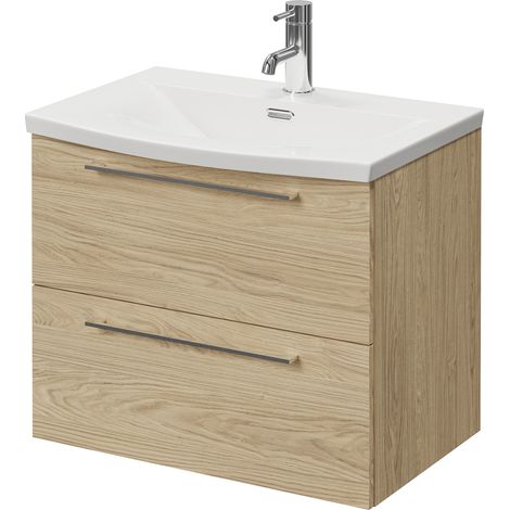 Napoli 390 Light Oak 600mm Wall Mounted 2 Drawer Vanity Unit with Arc Basin - 600mm - Chrome 320mm Handle