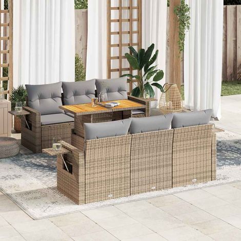Canapé de jardin 7 pièces en résine tressée beige avec coussins gris, table réglable 100x55 cm et rangement intégré (1/5)