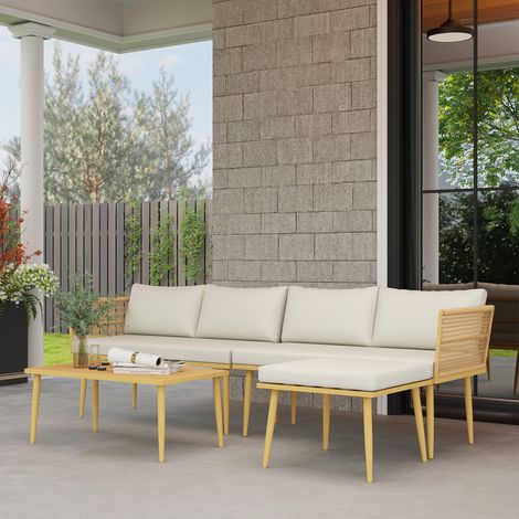 Salon de jardin extérieur en résine tressée 5 places modulable 2 canapés. pouf et table basse. coussins inclus. crème