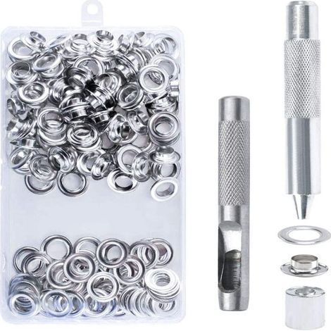 100pcs Grommet Eyelets Tool Kit, 10mm Eyelets for Tarpaulins, Grommet Kit, Grommet Kit with 3 Pieces Tool, Eyelets for Tarpaulin, Shoes, Clothes, Tents (1/5)