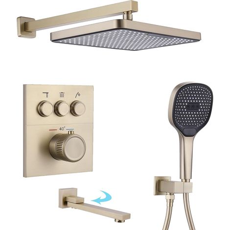 Colonne de Douche Encastrée, HSS0465 Moderne Ensemble de Douche Thermostatique, 30x20cm Pluie Systèmes de Douche, Touches du Piano, Douchette à Main 3 Modes, Robinet de Baignoire Pliable (1/5)