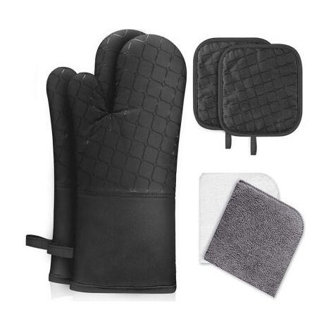 4PCS Oven Gloves and Potholders, Heat Resistant Cotton Oven Gloves, Anti-slip for Baking, BBQ (Black) (1/5)