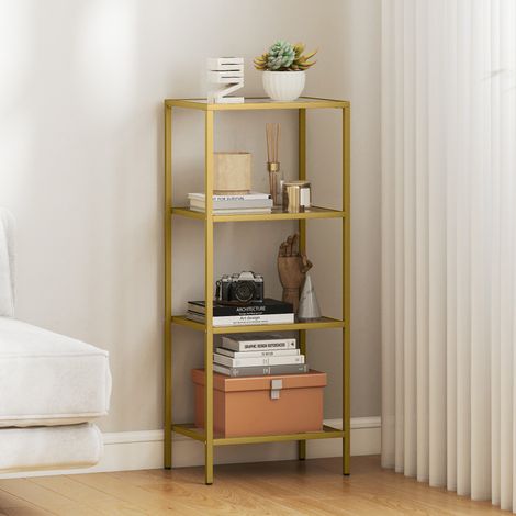 Étagère à 4 niveaux, étagère en verre, étagère de rangement verticale pour salon, bureau, chambre, salle de bain, couleur dorée (1/5)
