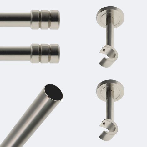 Kit de tringle à rideaux Nickel Mat 150cm Diam.20mm Embout Cylindre - Fixation Mur - Boulet (1/3)