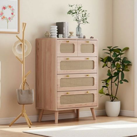 Mueble para Zapatos - Ratan Natural - 5 Cajones Modulares - Manijas Amarillas - Diseño Elegante