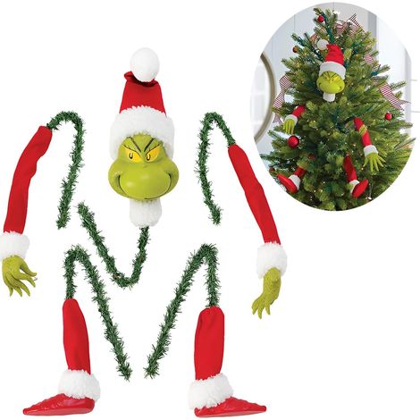 Décoration de sapin de Noël JeiibrZui Grinch - 5 pièces : tête, bras et jambes d'elfe - Rouge, blanc et vert - Décoration à suspendre pour une fête à la maison (1/5)