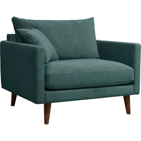 Fauteuil XL en velours pieds bois foncé - vert eucalyptus - VILLABON (1/5)