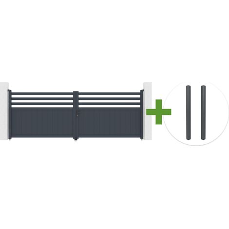 Portail battant 4m NEVIS H.140cm aluminium gris + 2 poteaux ELDA aluminium gris 15x15cm (1/5)