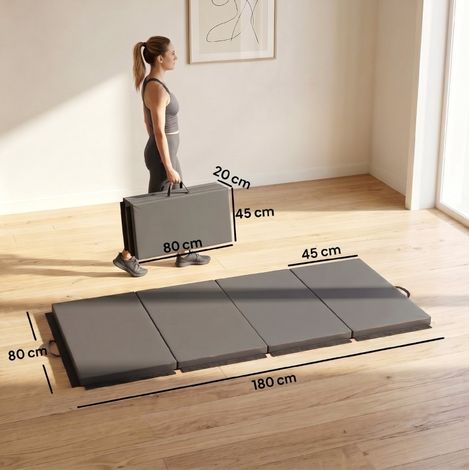 Tapis de gym pliable 180x80x5 cm en PVC gris, avec poignées, pour petits espaces – MEUBLIV (1/5)